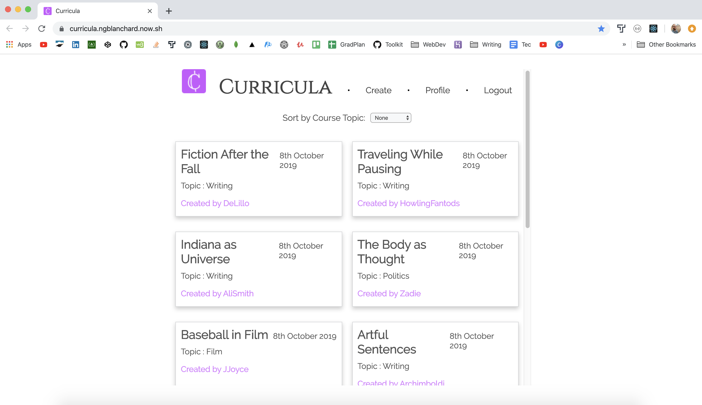 A screenshot of the curricula app.