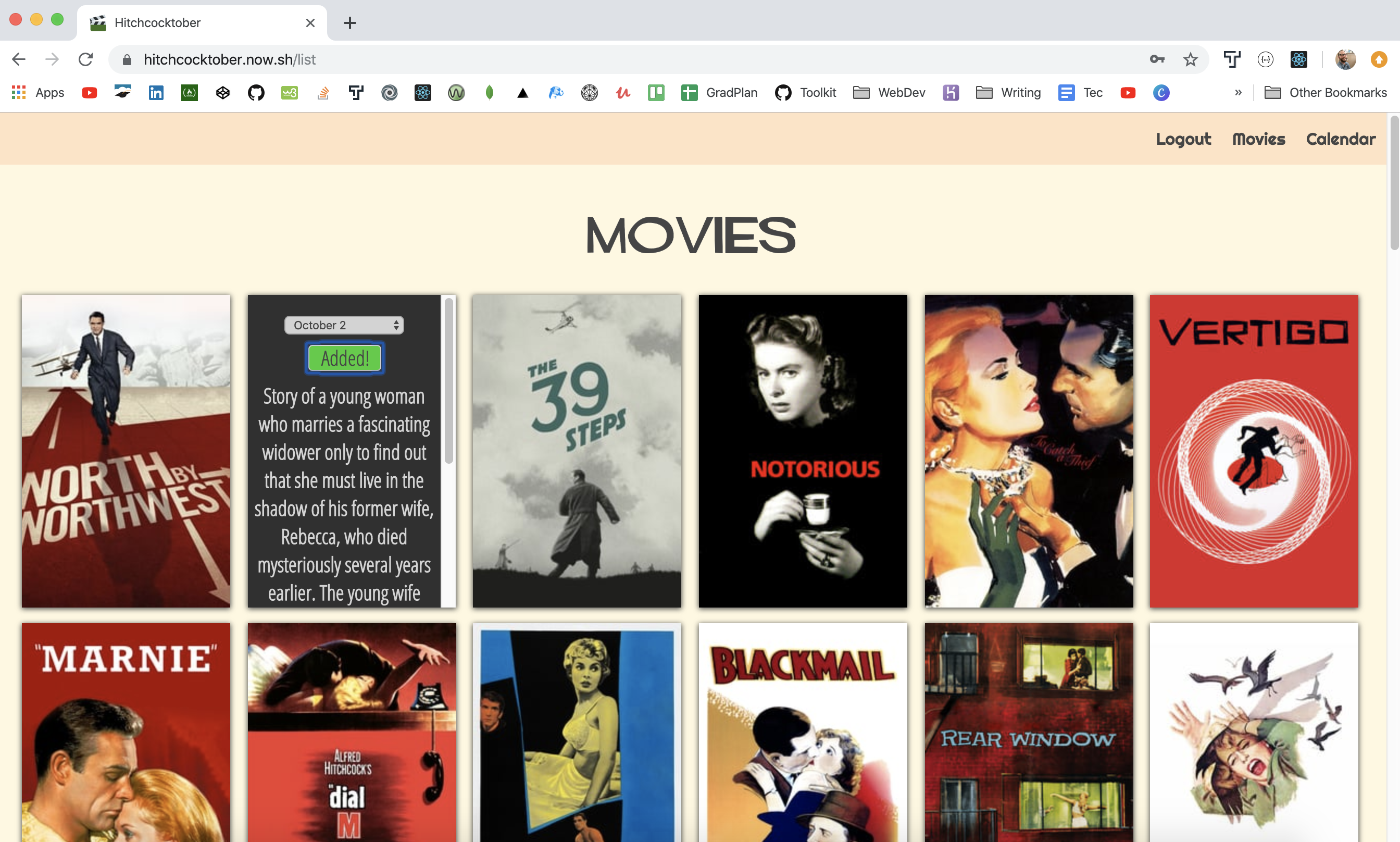 A screenshot of the hitchcocktober app.